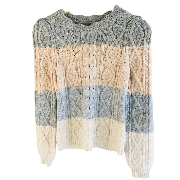 Rebecca Taylor Cable-Knit Striped Sweater XS Wool-Blend Beige/Gray/Ivory Ribbed - Picture 5 of 8